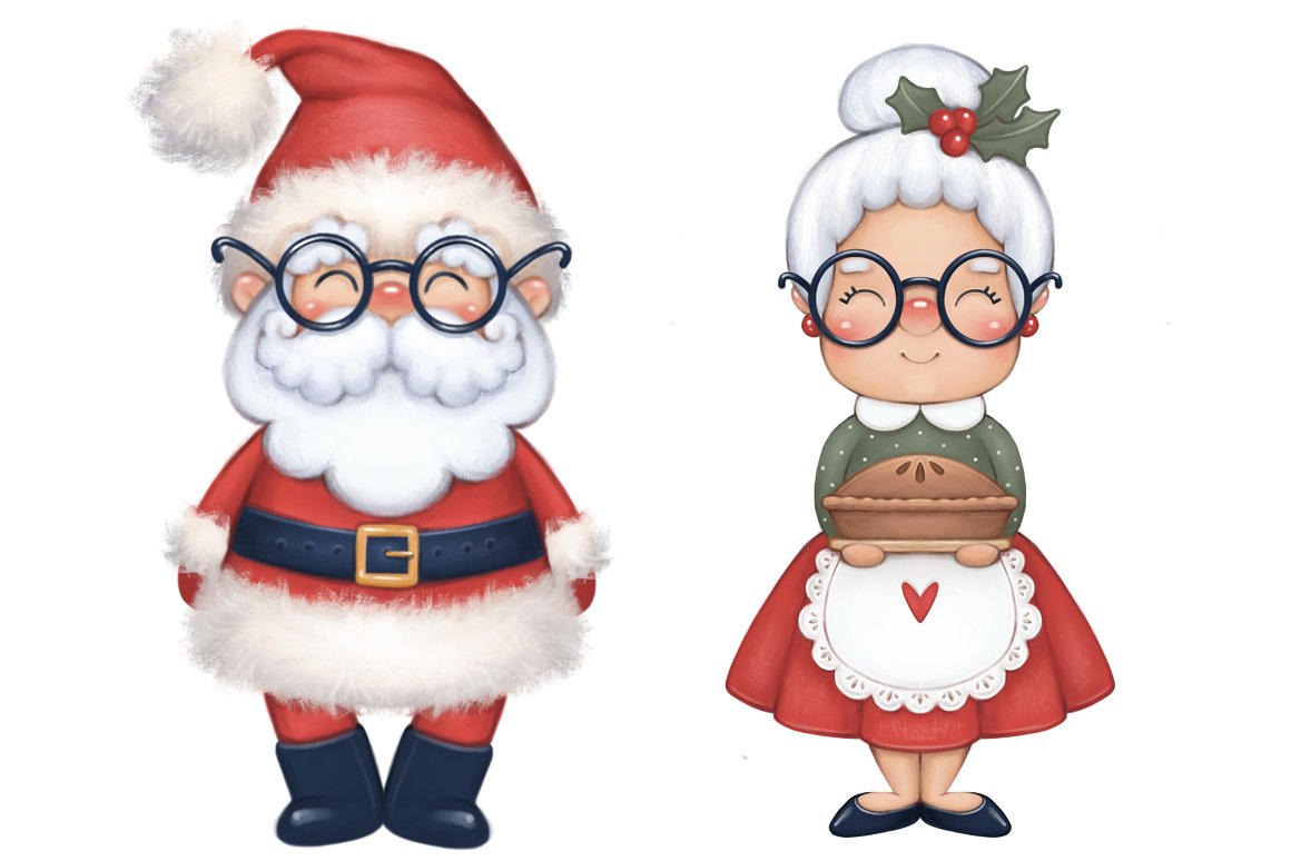 Illustrations of Santa and grandma with a pie on a white background.