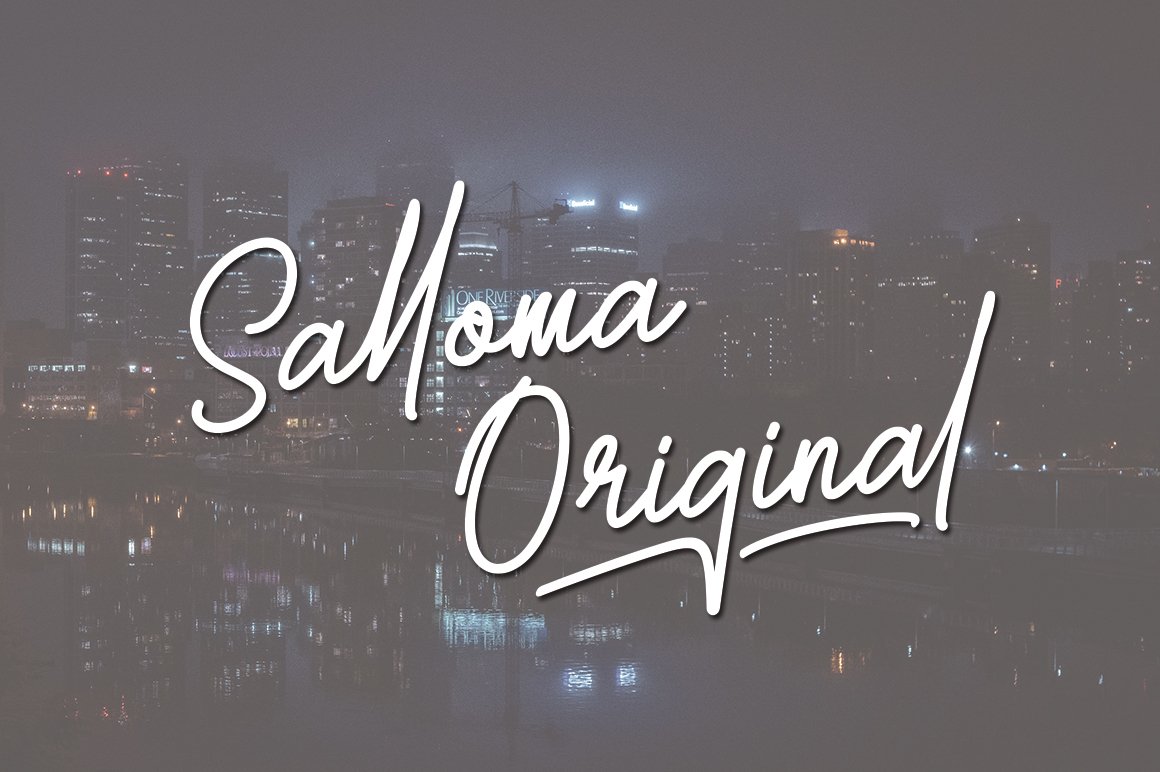 White calligraphy lettering "Salloma Original" on the background of night city.