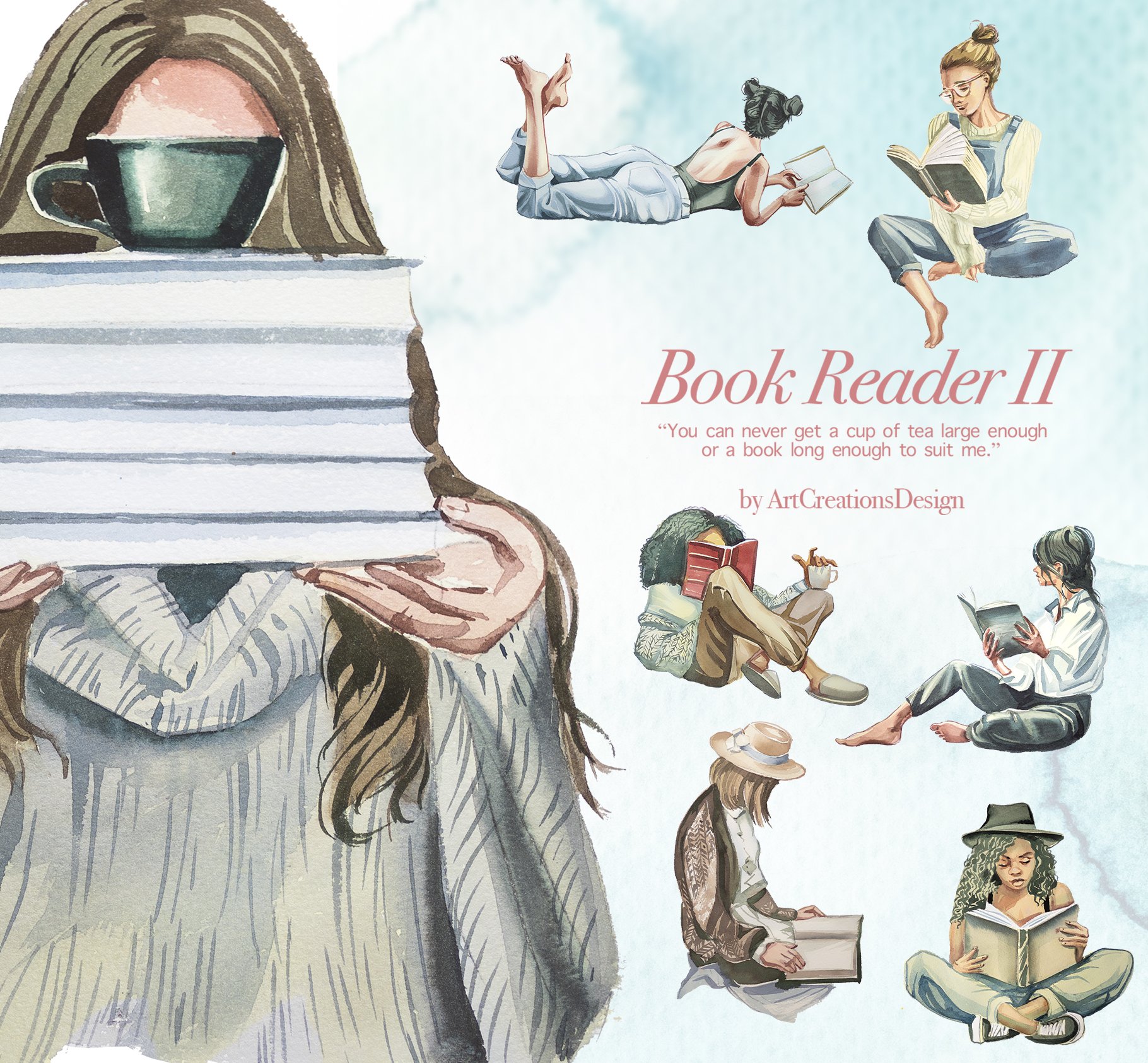 Watercolor Book Reader II Clipart preview.