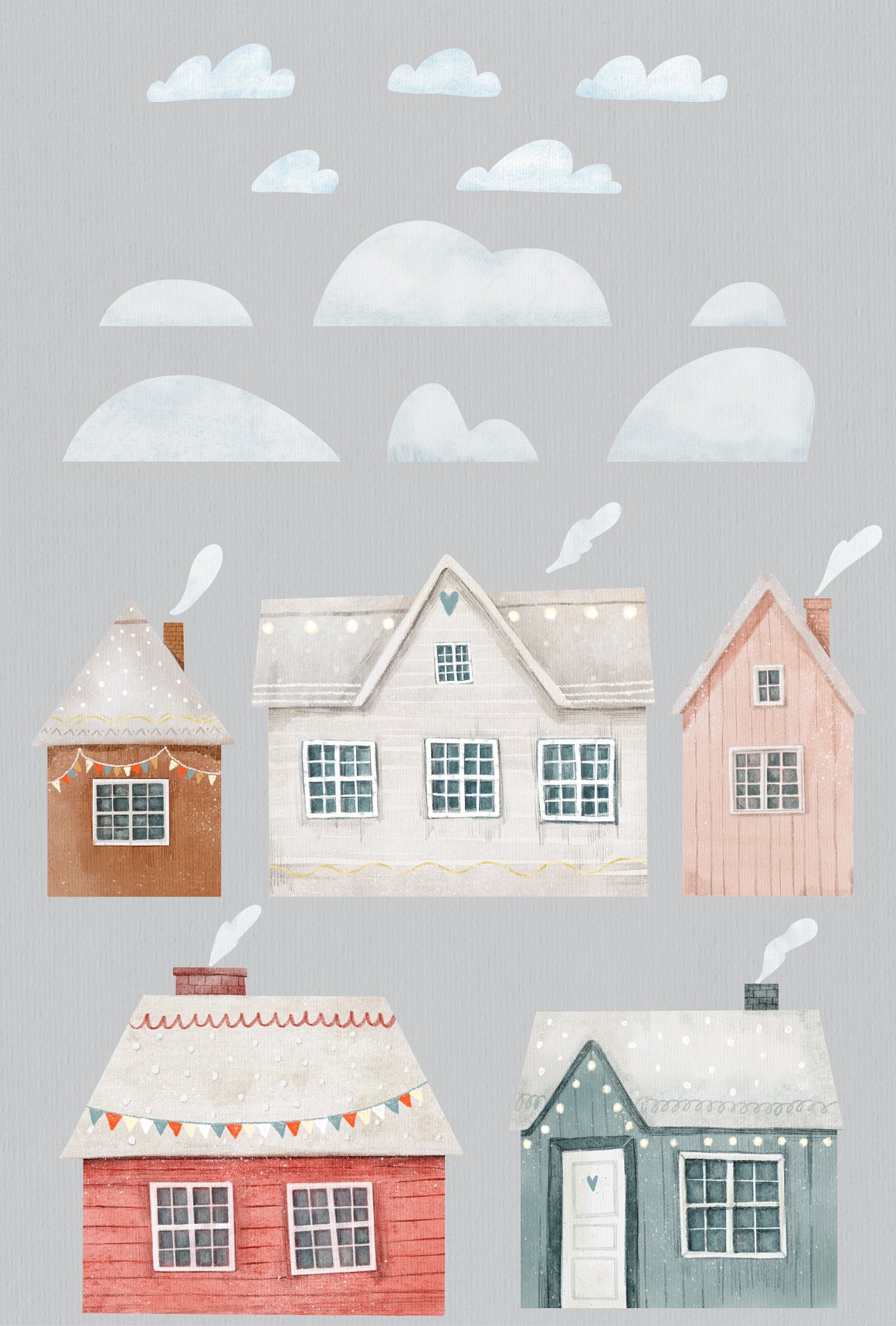Watercolor set of different illustrations of houses and clouds.