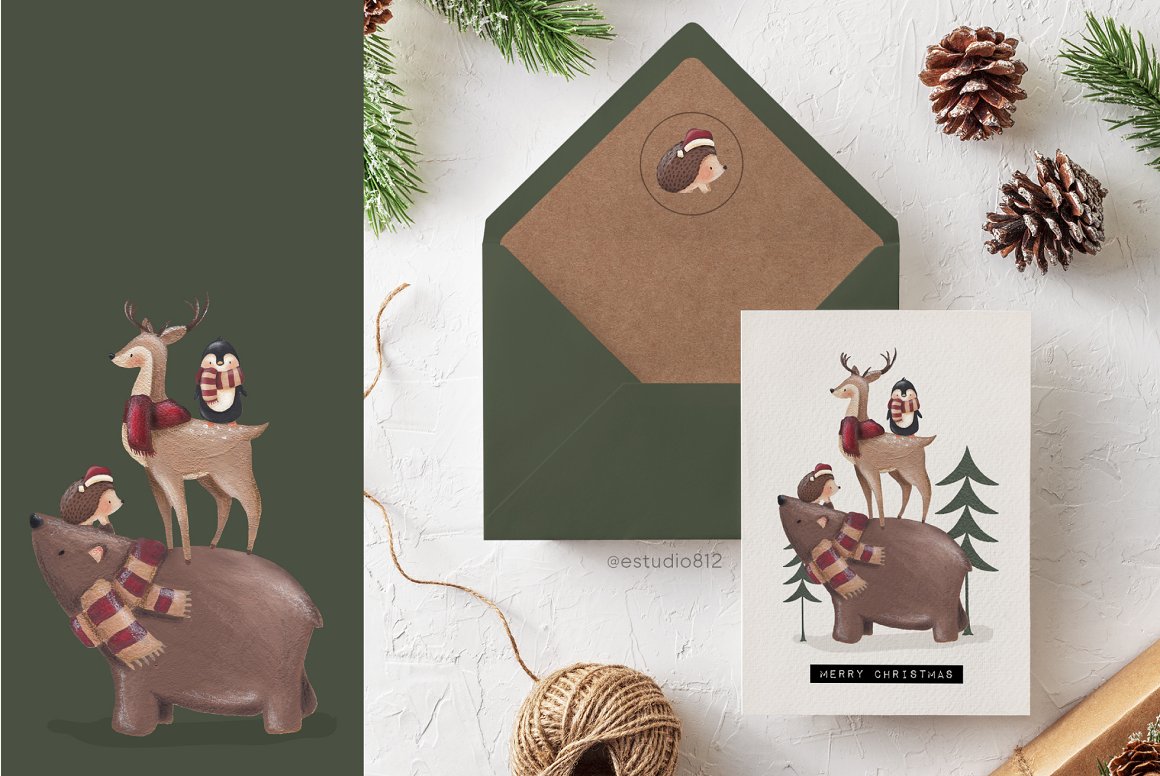 White card with christmas animals and green envelope.