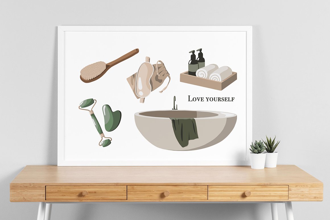 White picture with 5 different self-care illustrations in white frame.
