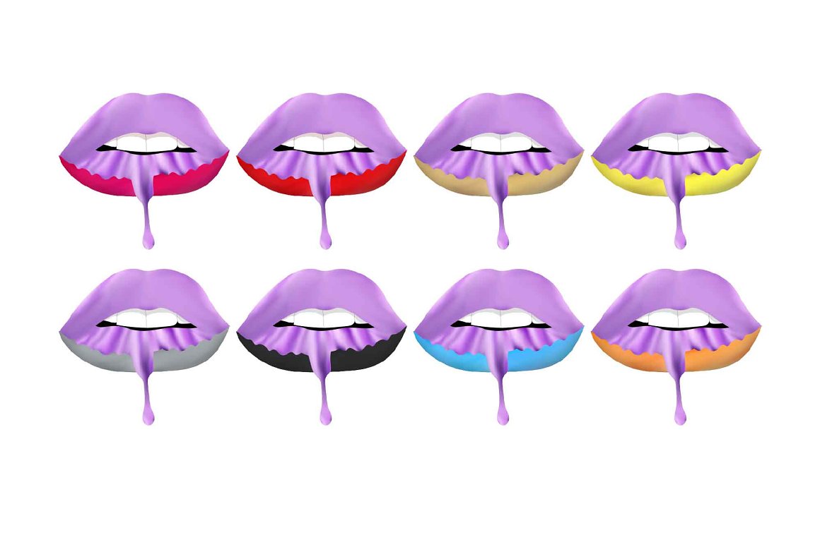8 different illustrations of purple dripping lips on a white background.
