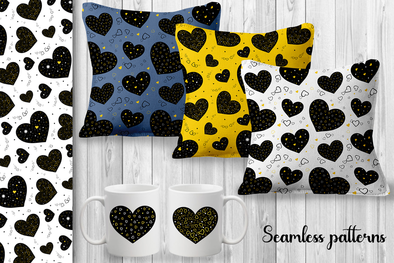 Three pillows in different colors with hearts.