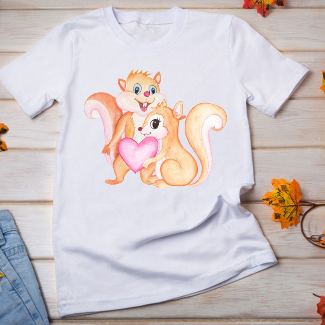 Two watercolor squirrel on a white t-shirt.