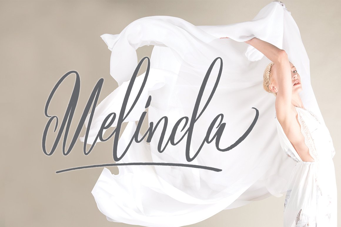 Gray calligraphy lettering "Melinala" on the background of beautiful girl.