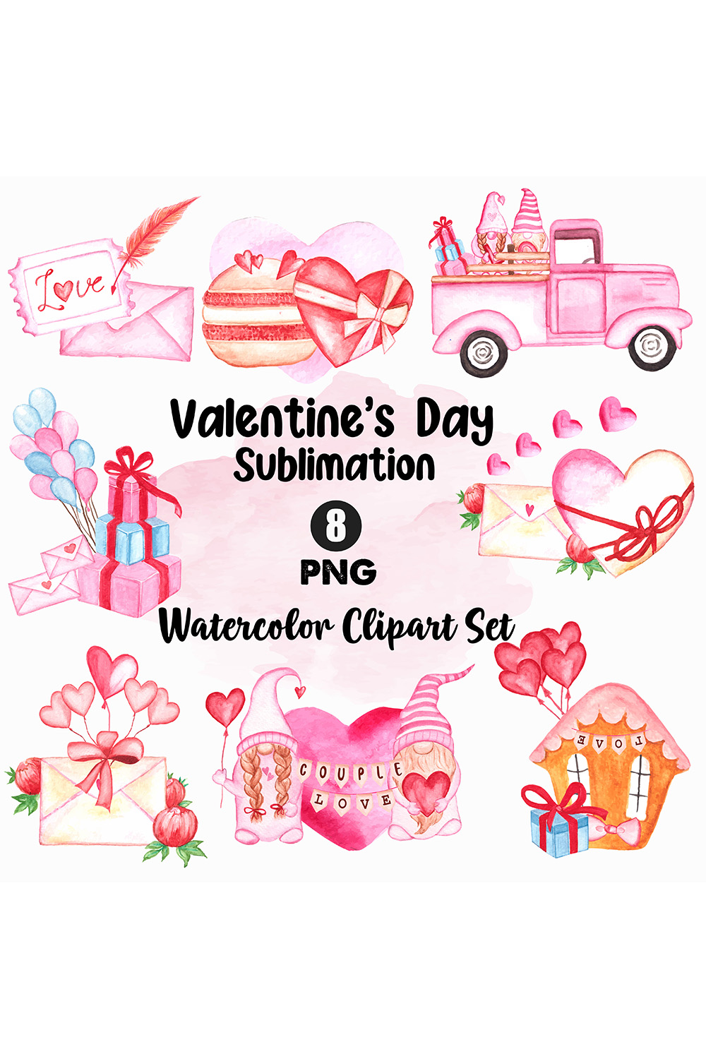 A selection of colorful watercolor images on the theme of Valentines Day