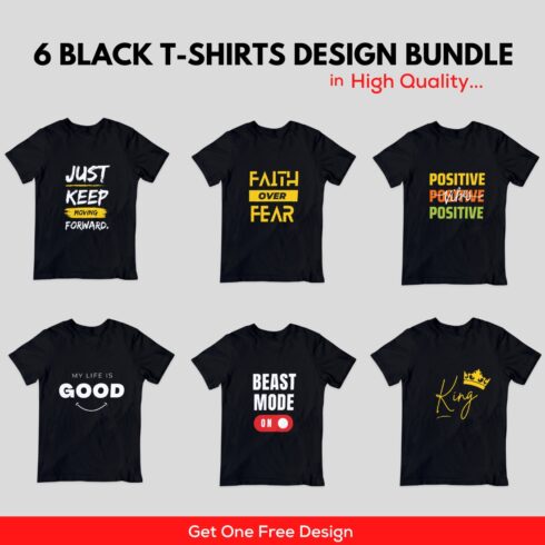 6 Black T-Shirts Designs Bundle In High Quality.