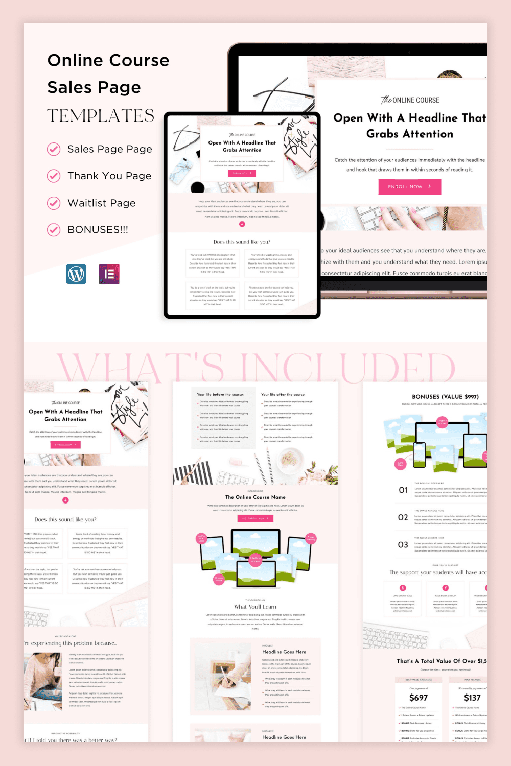 A collage of landing page screenshots in pink colors.