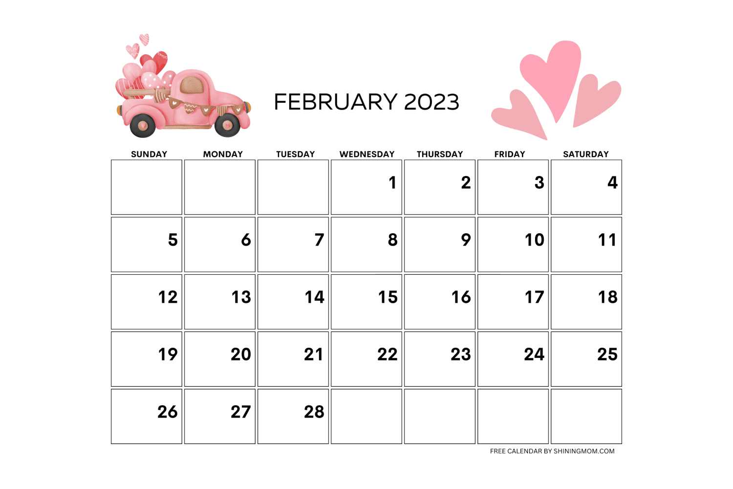 February calendar with hearts and cute pickup.