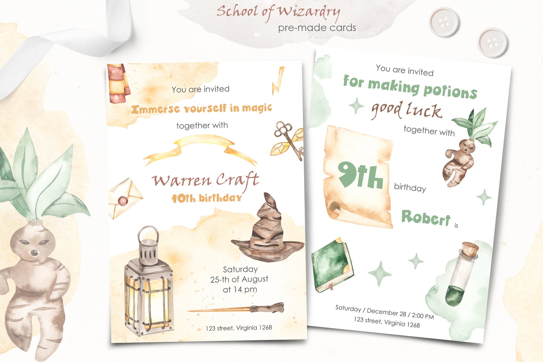 School Of Wizardry Watercolor pre-made cards preview.