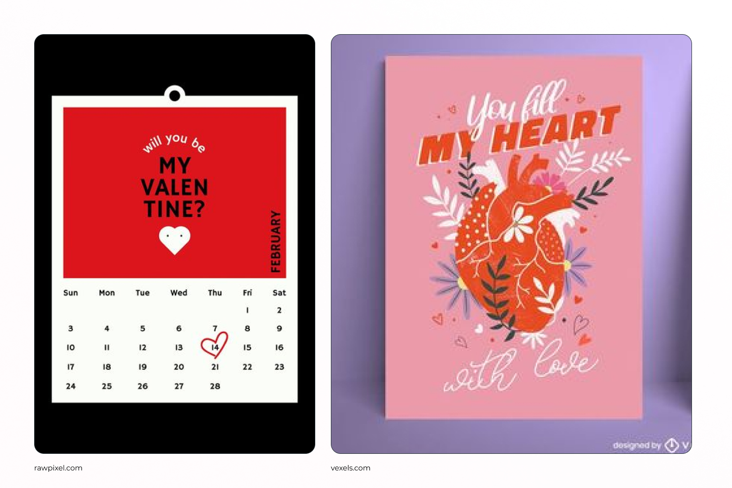 Collage of a calendar with a red picture and a heart in flowers.