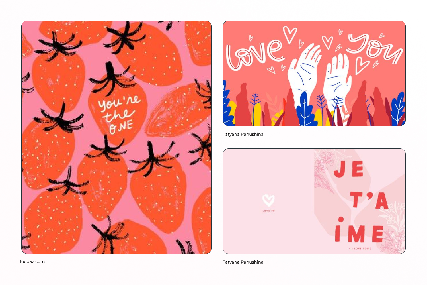 Collage of greeting cards with text, strawberries and hands.