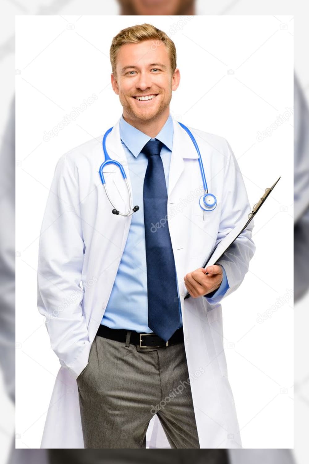 Portrait of confident young doctor on white background.