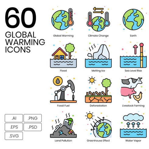 60 global warming icons vivid flat icons main image preview.