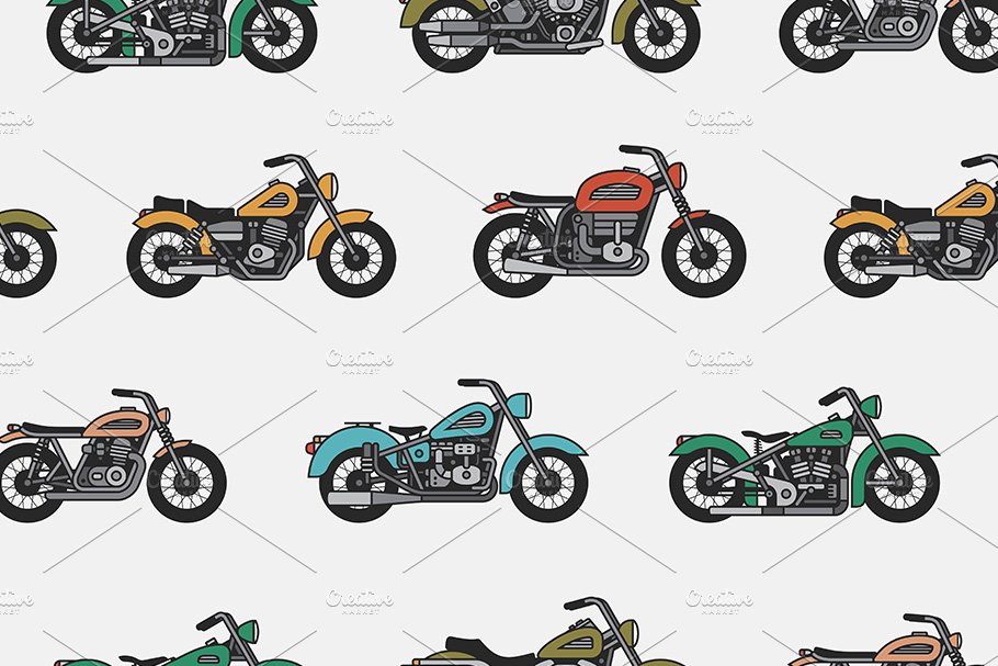 Colorful vintage motorcycles seamless patterns on gray background.