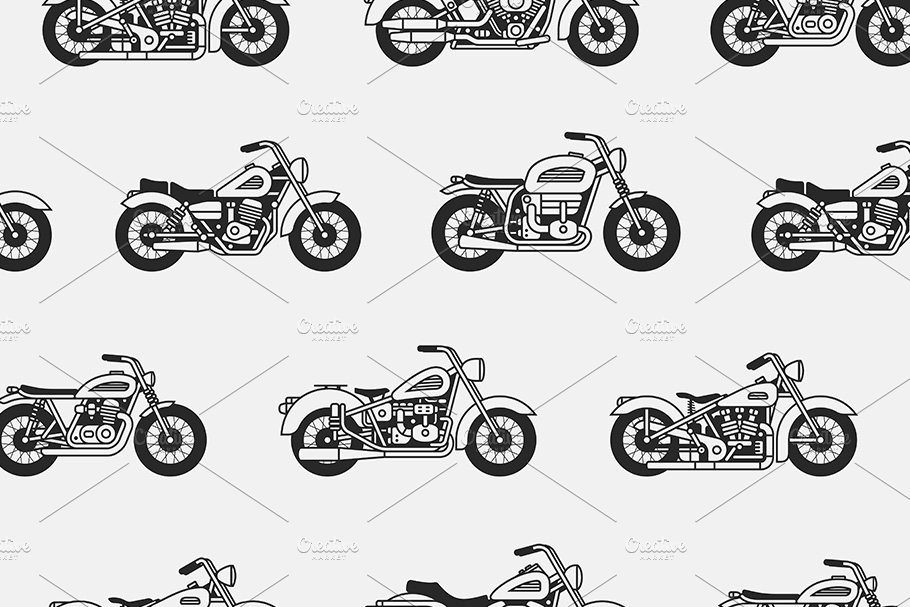 Black seamless pattern with vintage motorcycles isolated on gray background.