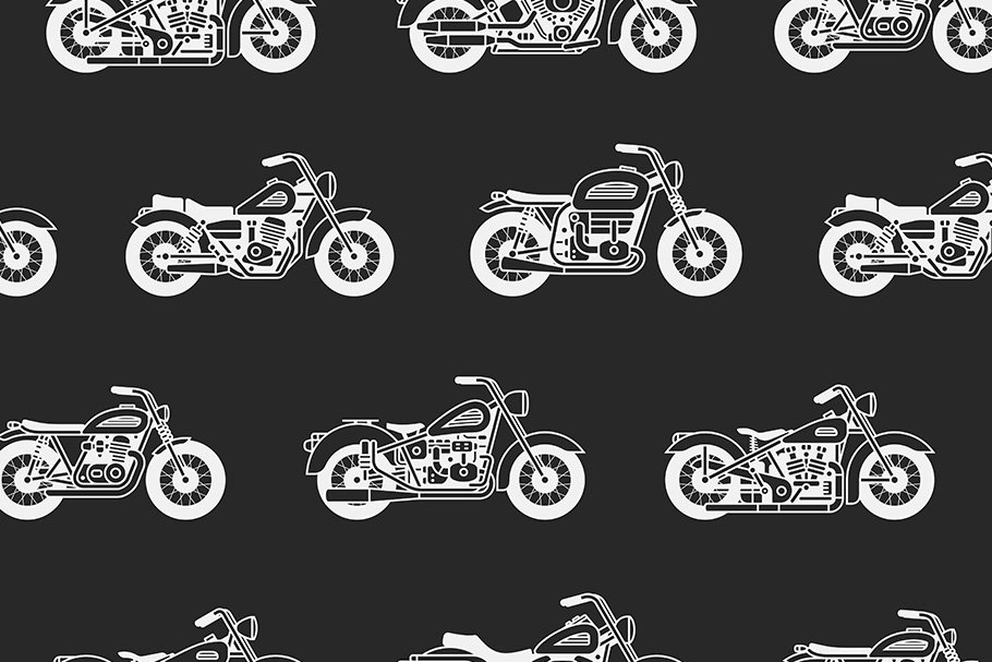 White vintage motorcycles patterns on a black background.