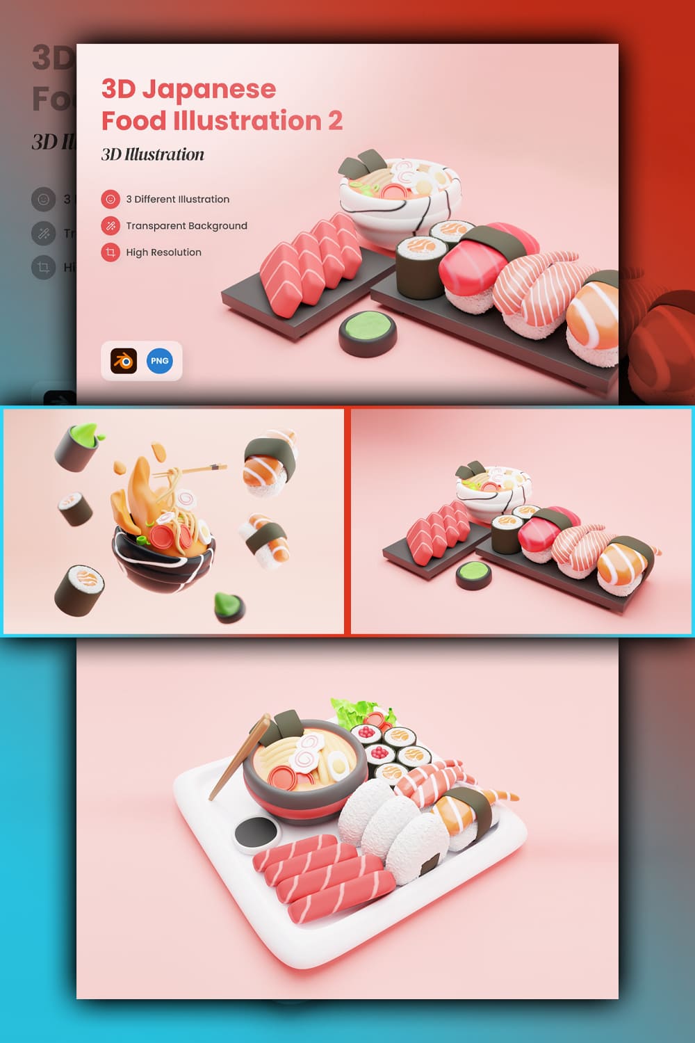 3D Japanese Food illustration 2 pinterest image preview.