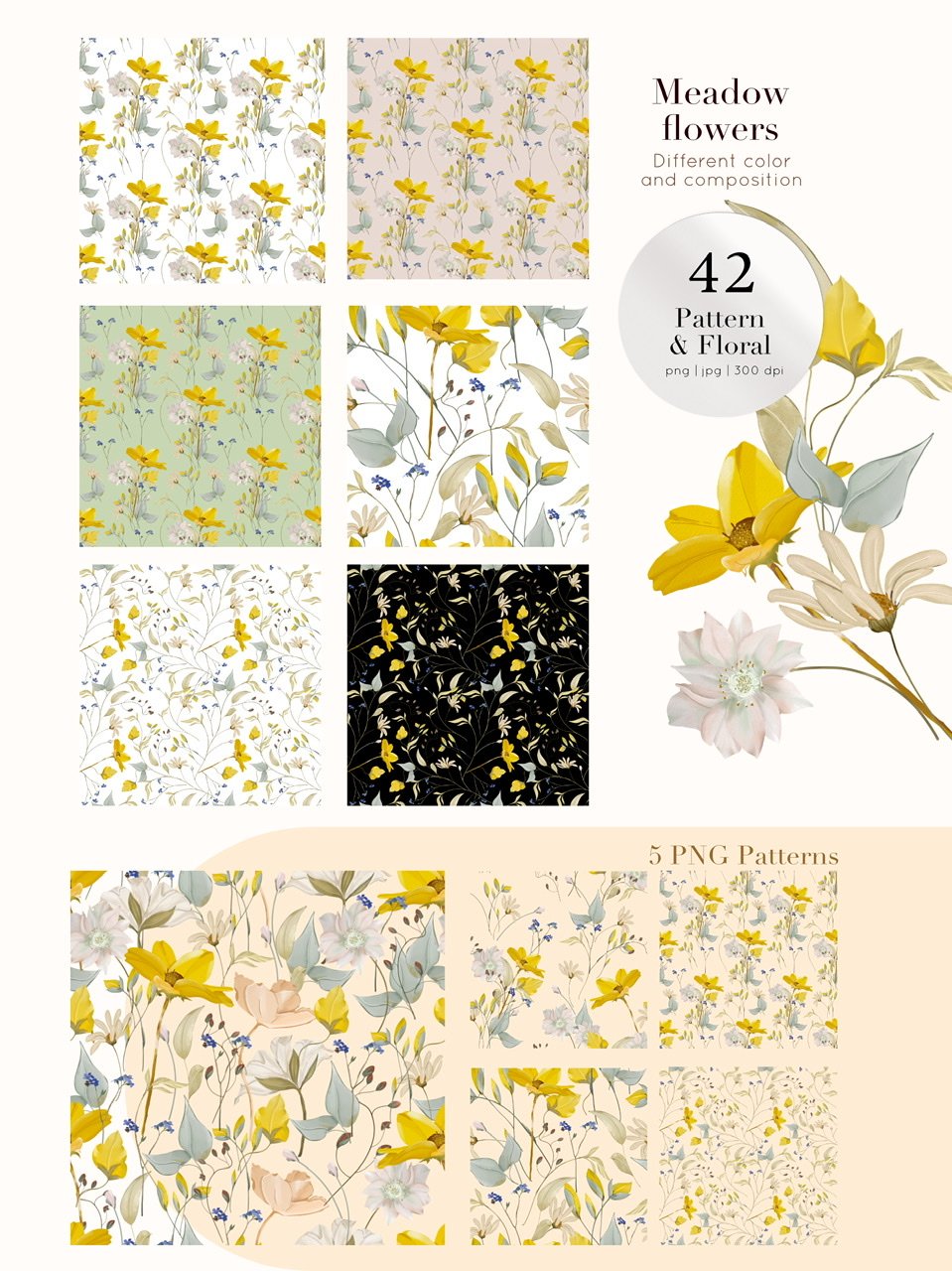 6 meadow flowers patterns and 5 PNG patterns.