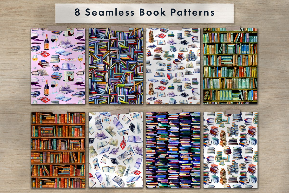 There are 8 seamless book patterns.