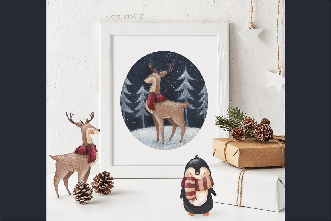Illustration of a deer on a white background in white frame.