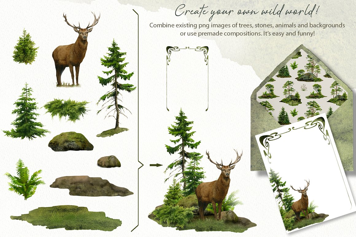 An example of combine existing png images of trees, stones, animals and background or use premade compositions.
