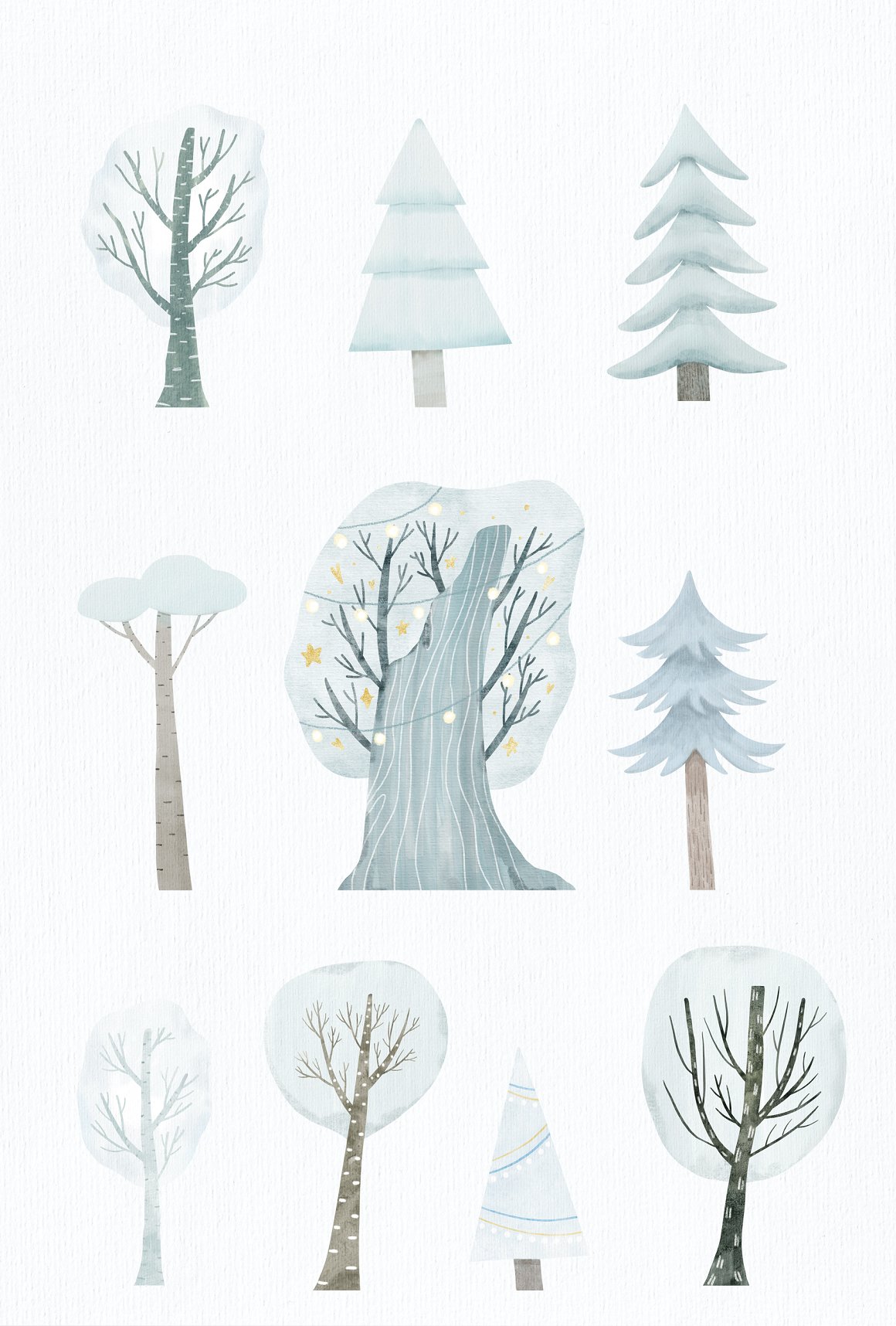 Clipart of 10 different watercolor illustrations of christmas tree.