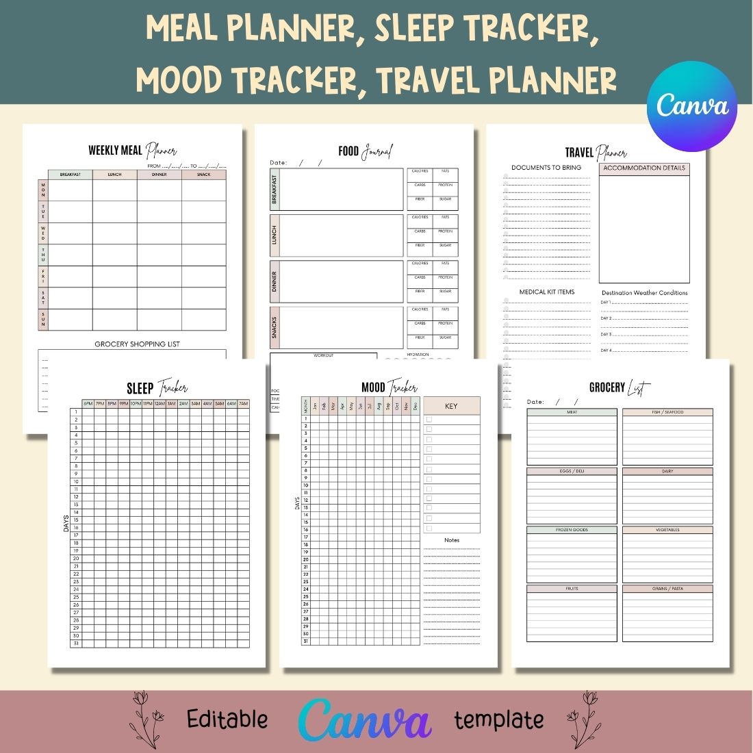Sleep Tracker Canva Templates preview image.