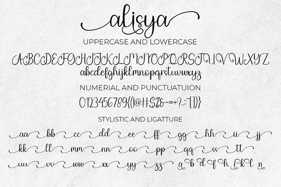 Image with symbols and letters of the unique Alisya font