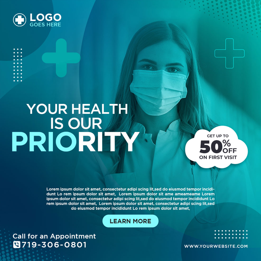 Medical Healthy Future Social Media PSD Template preview image.