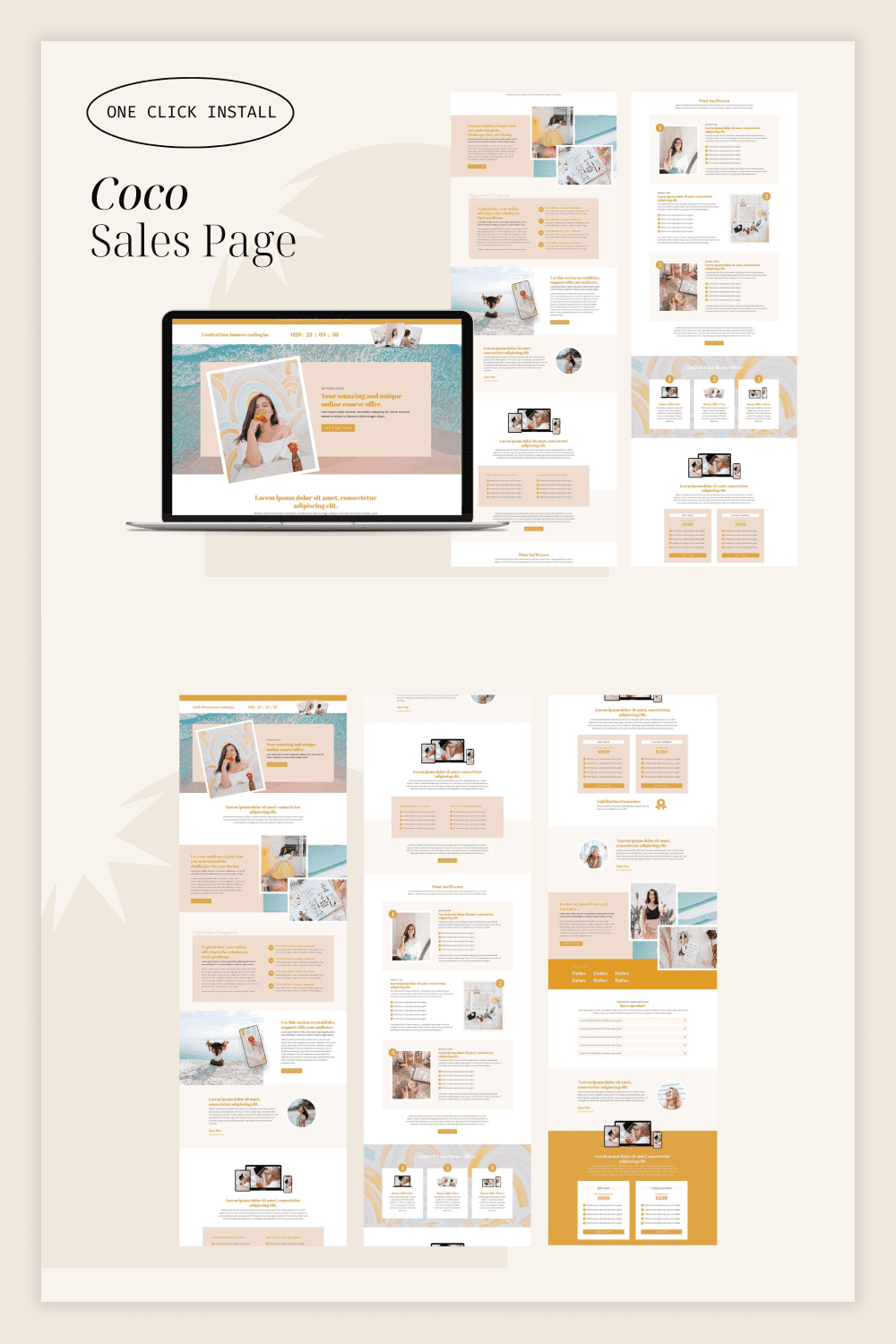 Collage of landing page screenshots in brown and white colors.