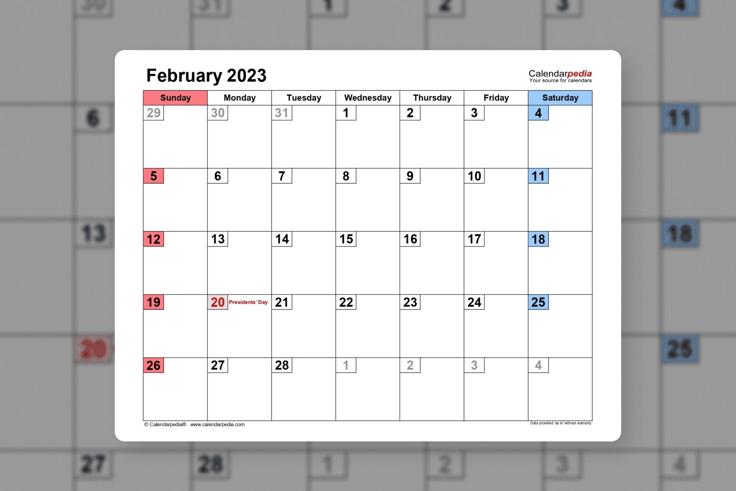 February calendar with space for notes and blue-red marks.