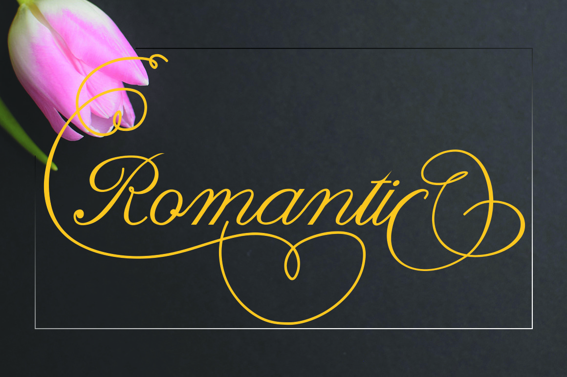 Orange calligraphy lettering "Romantic" on a gray background with tulip.