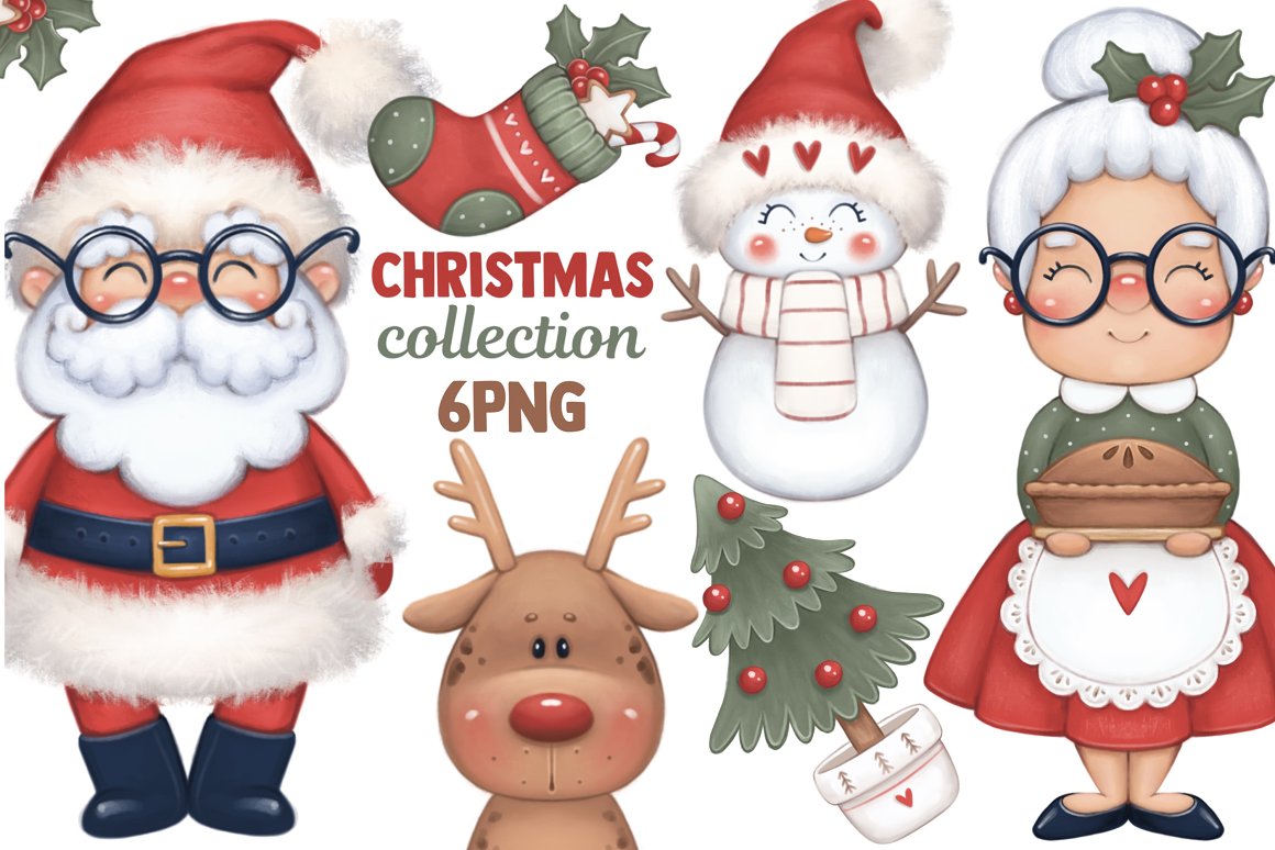 Lettering "Christmas Collection 6PNG" and 6 christmas illustrations.