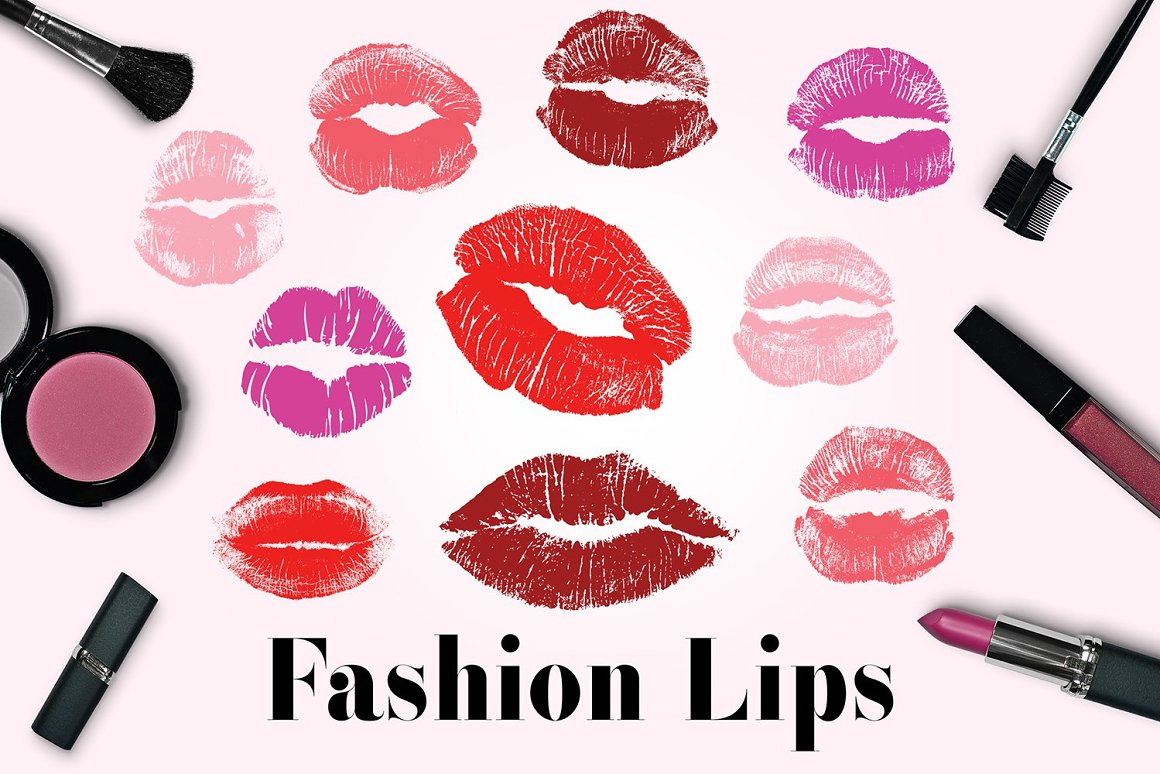 Black lettering "Fashion Lips" and different fashion lips icons on a pink background.