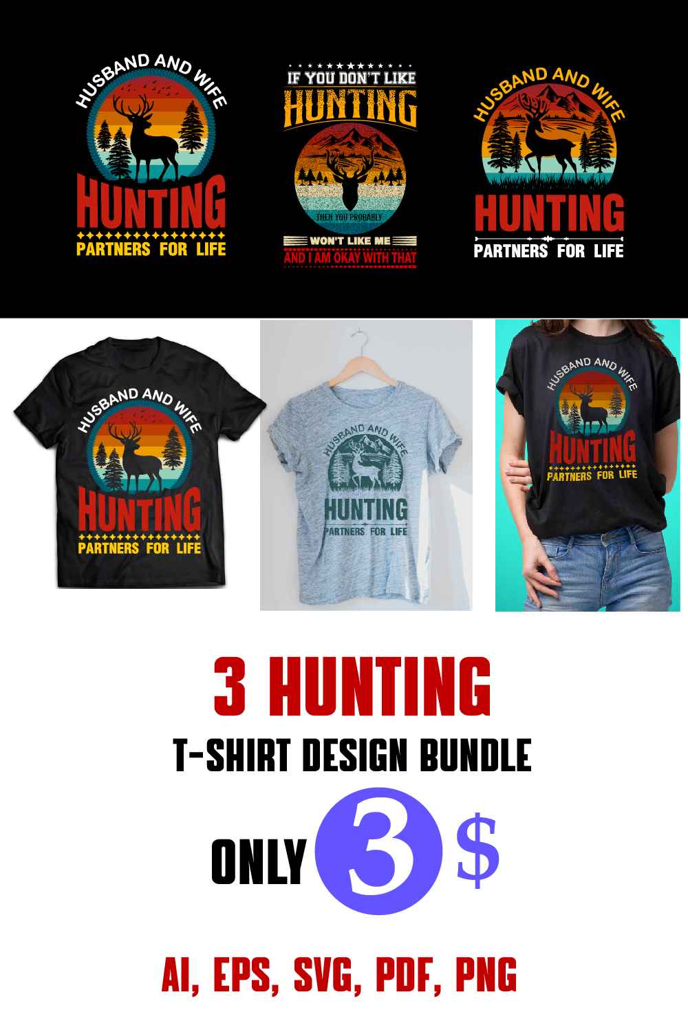 Hunting T-shirt Design Bundles Pinterest image.