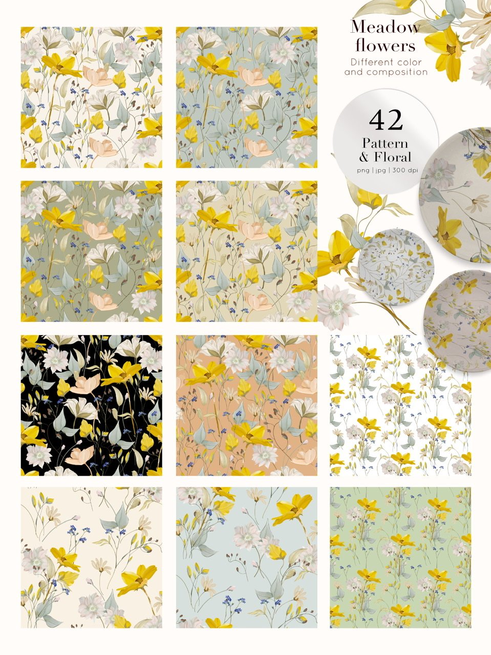 A set of 10 different meadow flowers patterns.
