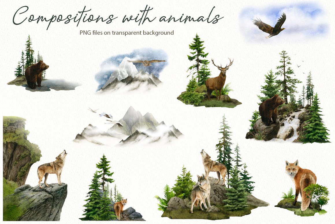 Dark gray lettering "Compositions with animals" and different illustrations.