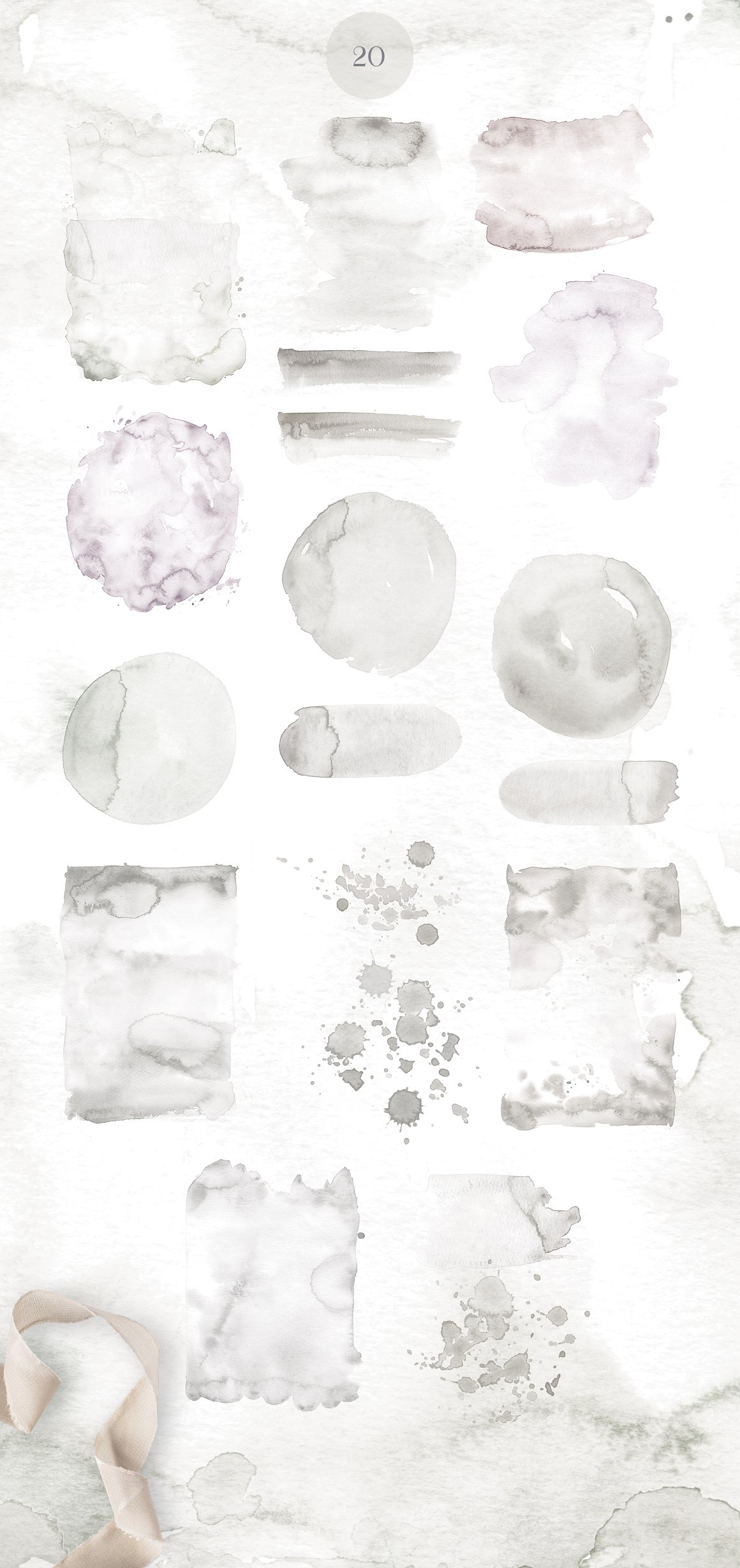 Collection of 20 different watercolor gray shapes.