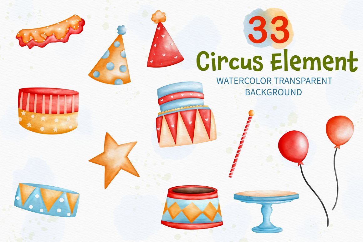 Colorful collection of 11 different circus elements illustrations.