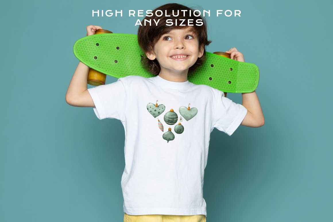 White t-shirt with different green christmas tree decorations on a boy.