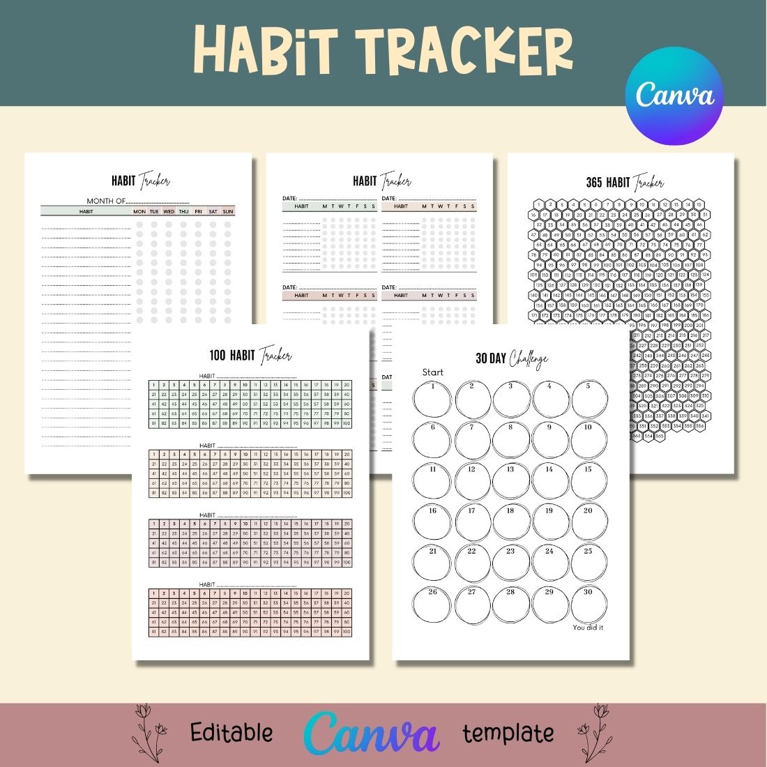 Habit Tracker Canva Templates preview image.