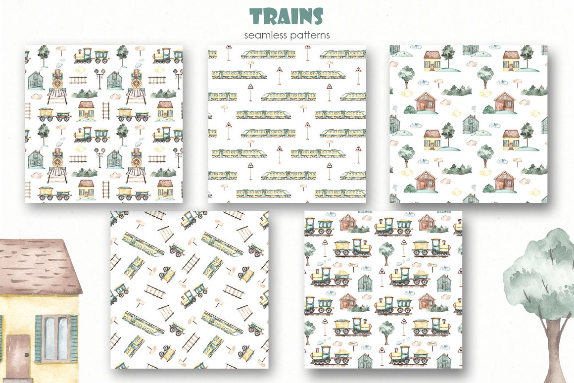 8 childrens watercolor collection train seamless patterns 343