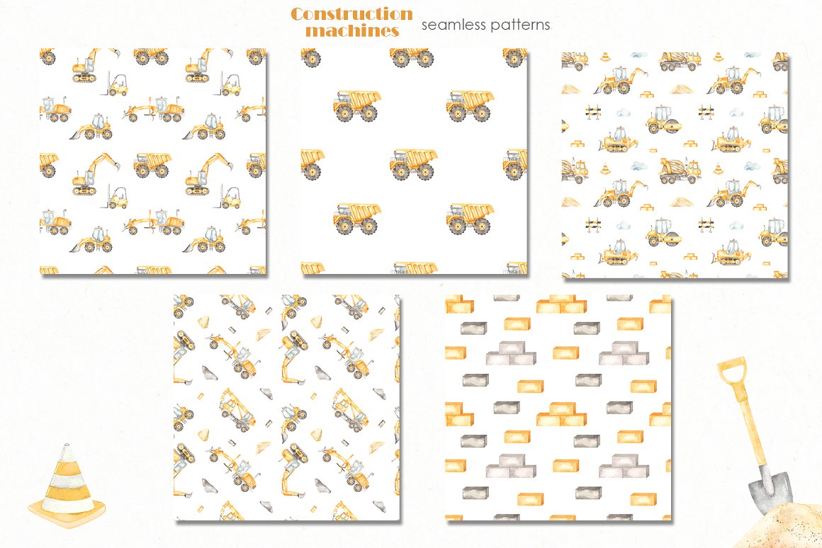 8 construction machines watercolor seamless patterns 519