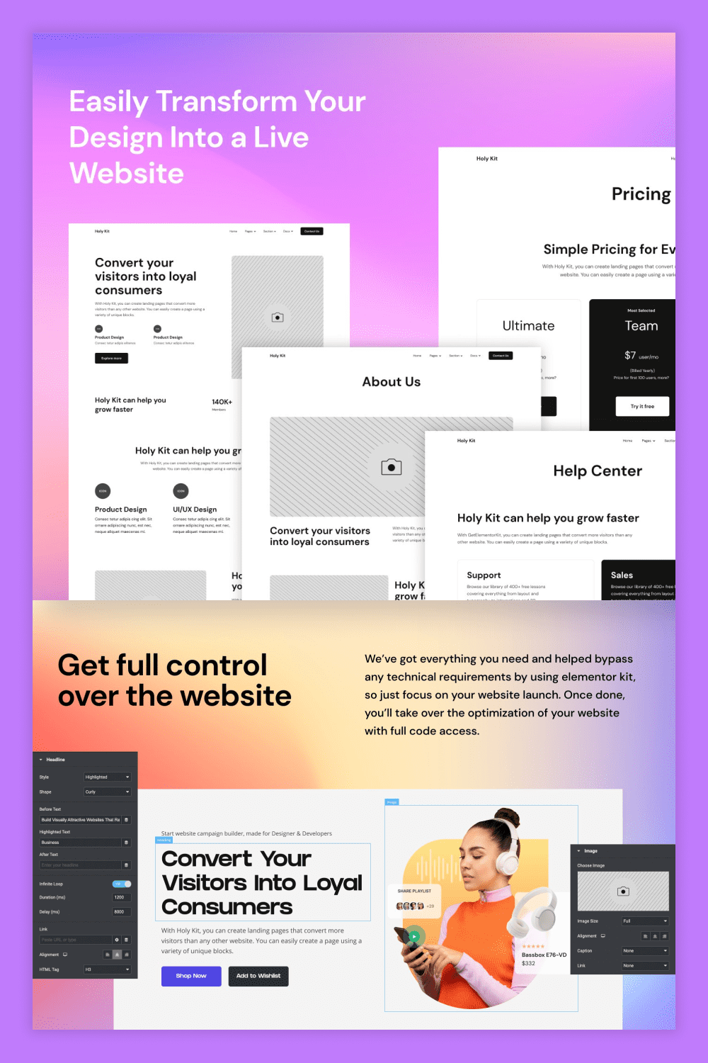 Landing page screenshots collage with slider, benefits and white background.