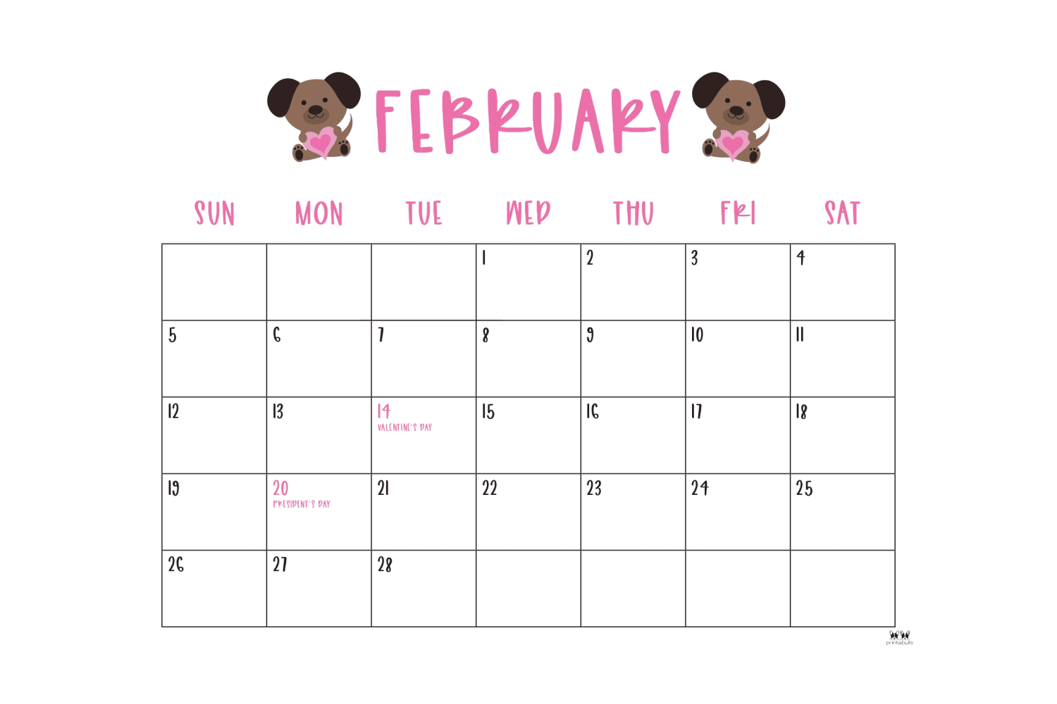 February calendar with space for notes, holidays and two cute dogs.