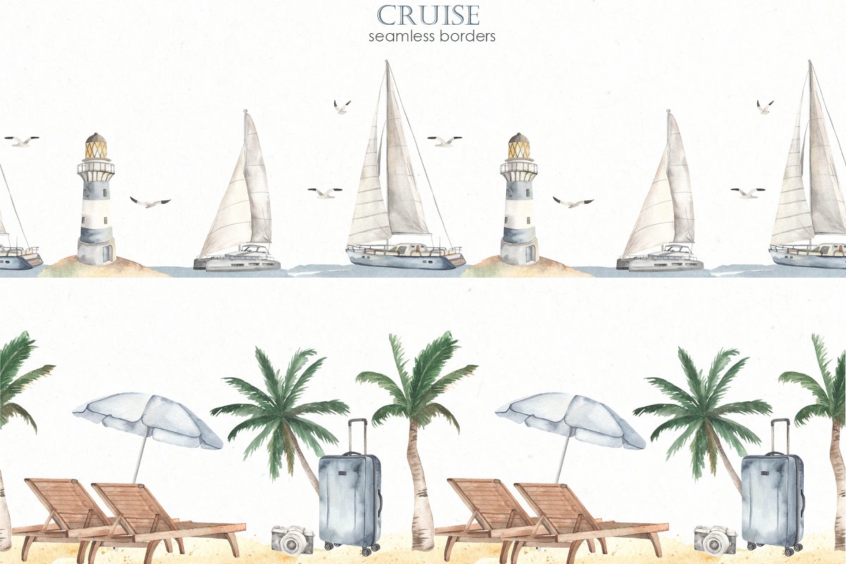 Cruise Watercolor Collection with cruise seamless borders.