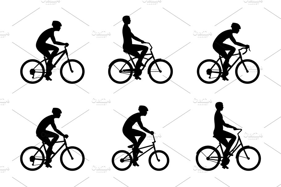Set Of Men Riding Bicycles - b&w version.