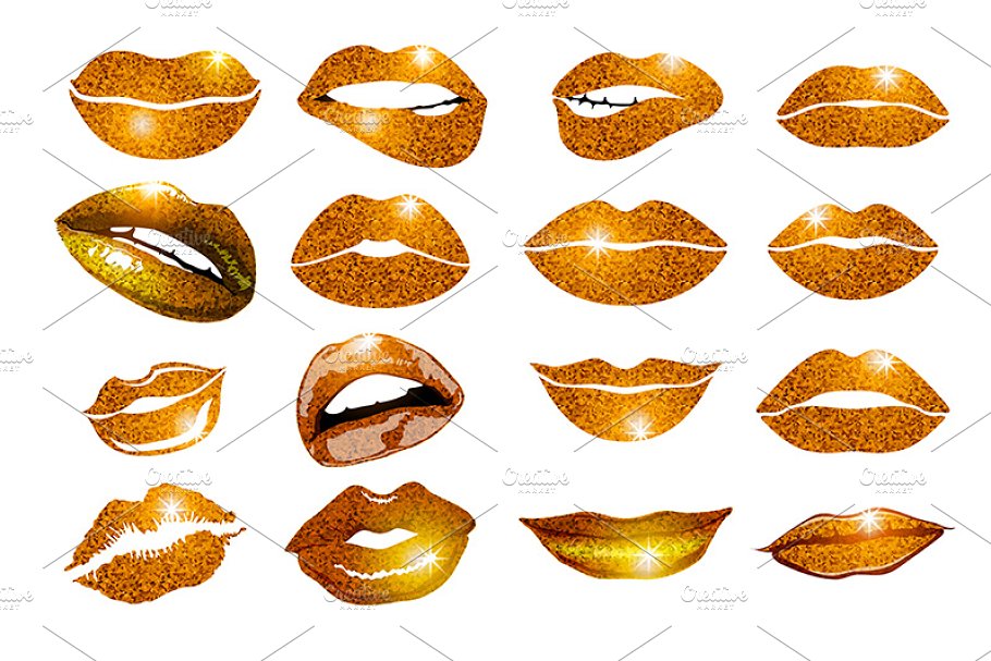 Set Of 16 Glamour Orange Lips with light background.